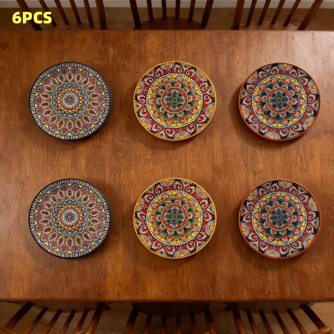 6-Piece Boho Ceramic Plate Set, 8.07 Inch, Dishwasher & Microwave Safe, Kitchen Decor, Ideal for Home, Hotel, Parties, Salad, Steak, Pasta, Party Plates, Tableware Set, Bohemian