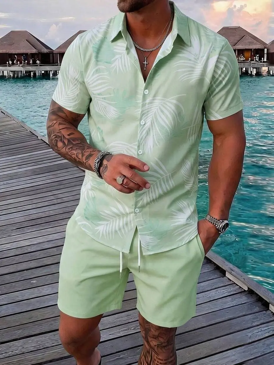 Men's Casual Button-Down Shirt And Shorts Set, Comfortable Matching Two-Piece Outfit For Summer Daily Wear And Holiday
