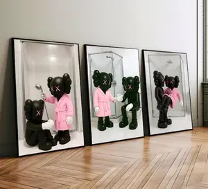 Set of 3 Black Kaws in Shower & Bathroom, Kaws Poster, Hypebeast Prints, Washroom Wall Art, Bathroom Decor