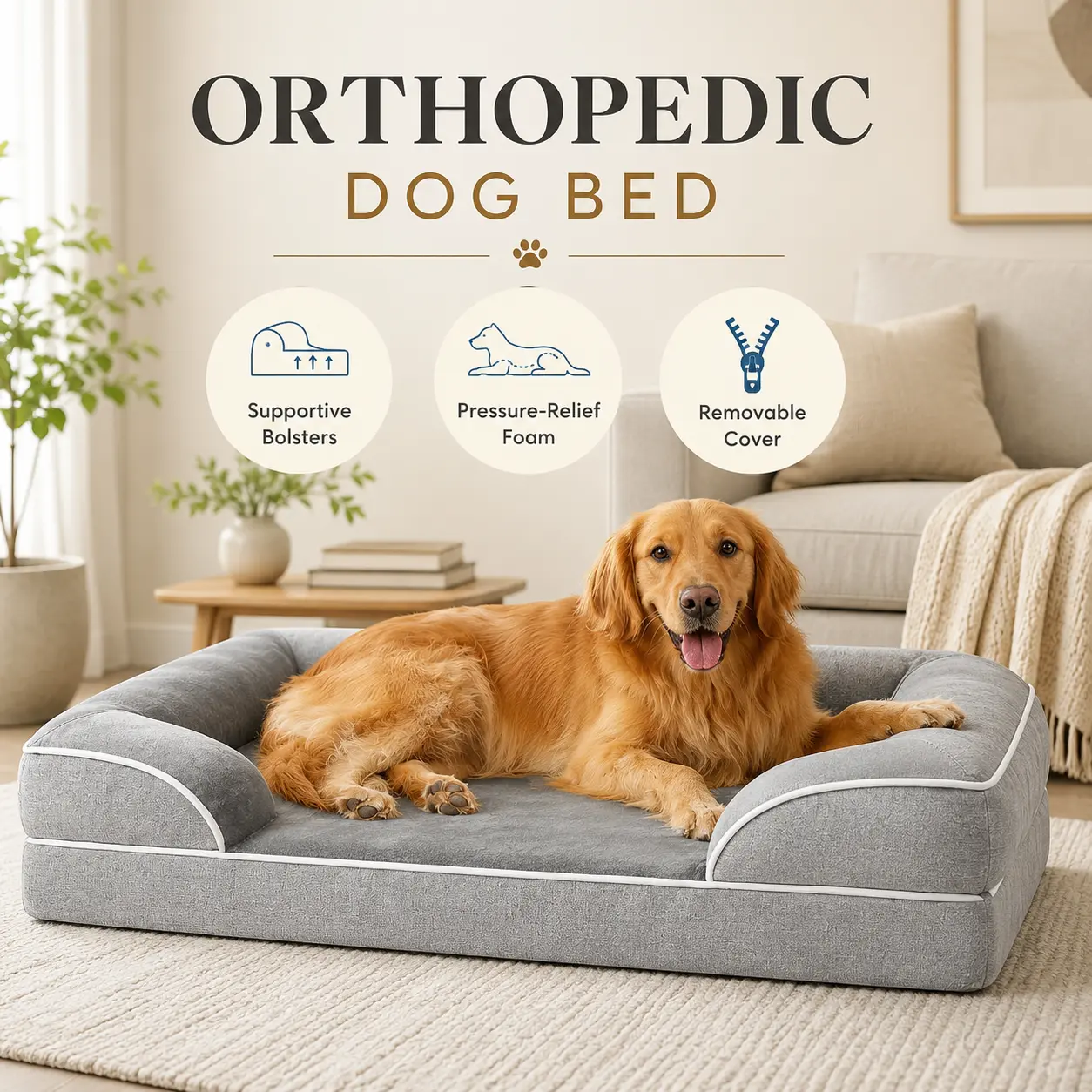 Orthopedic Dog Bed for Large Dogs, Cooling Gel Memory Foam Sofa Bed with Egg Crate Support, Raised Bolsters, Waterproof Liner, Removable Washable Cover, Non-Slip Bottom for Crate, Floor & Living Room