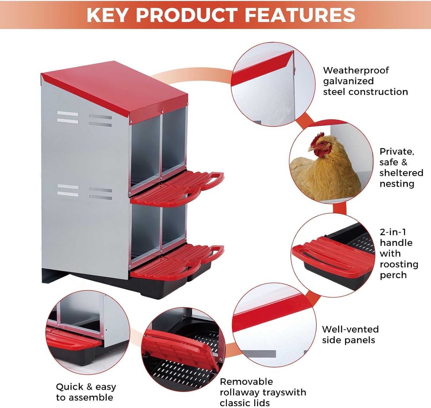 Rollaway Chicken Nesting Boxes with 3/4 Compartments, Metal Egg Laying Box for Poultry, Removable Trays for Easy Collection, Wall-Mounted or Freestanding Design for Coops Red