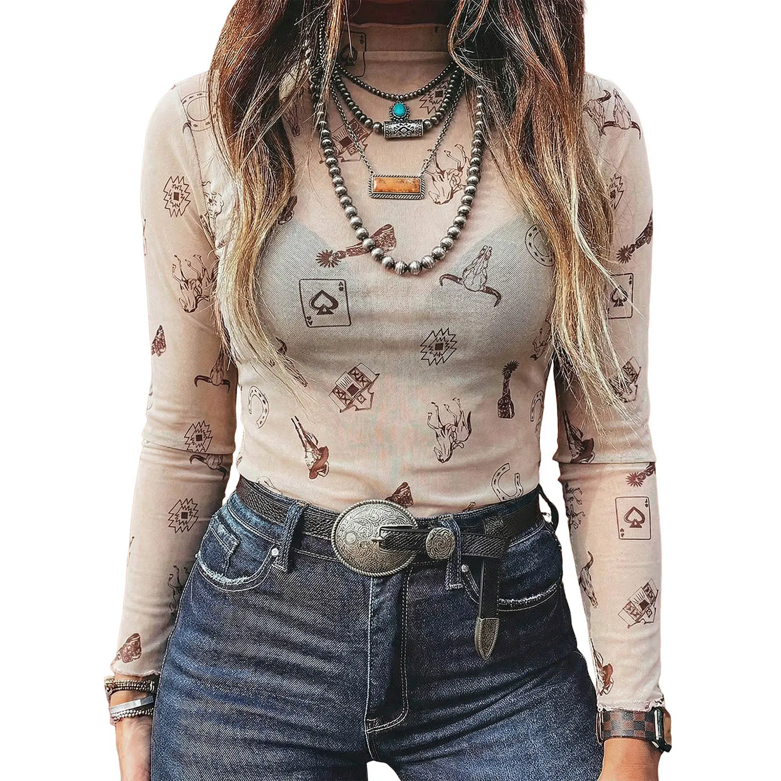 Znacicc Women's Soft & Chic Oatmeal Western Print Mesh Blouse - Long Sleeve Mock Neck Shirts, Versatile Womenswear for Layering Under Jackets, Office Casual