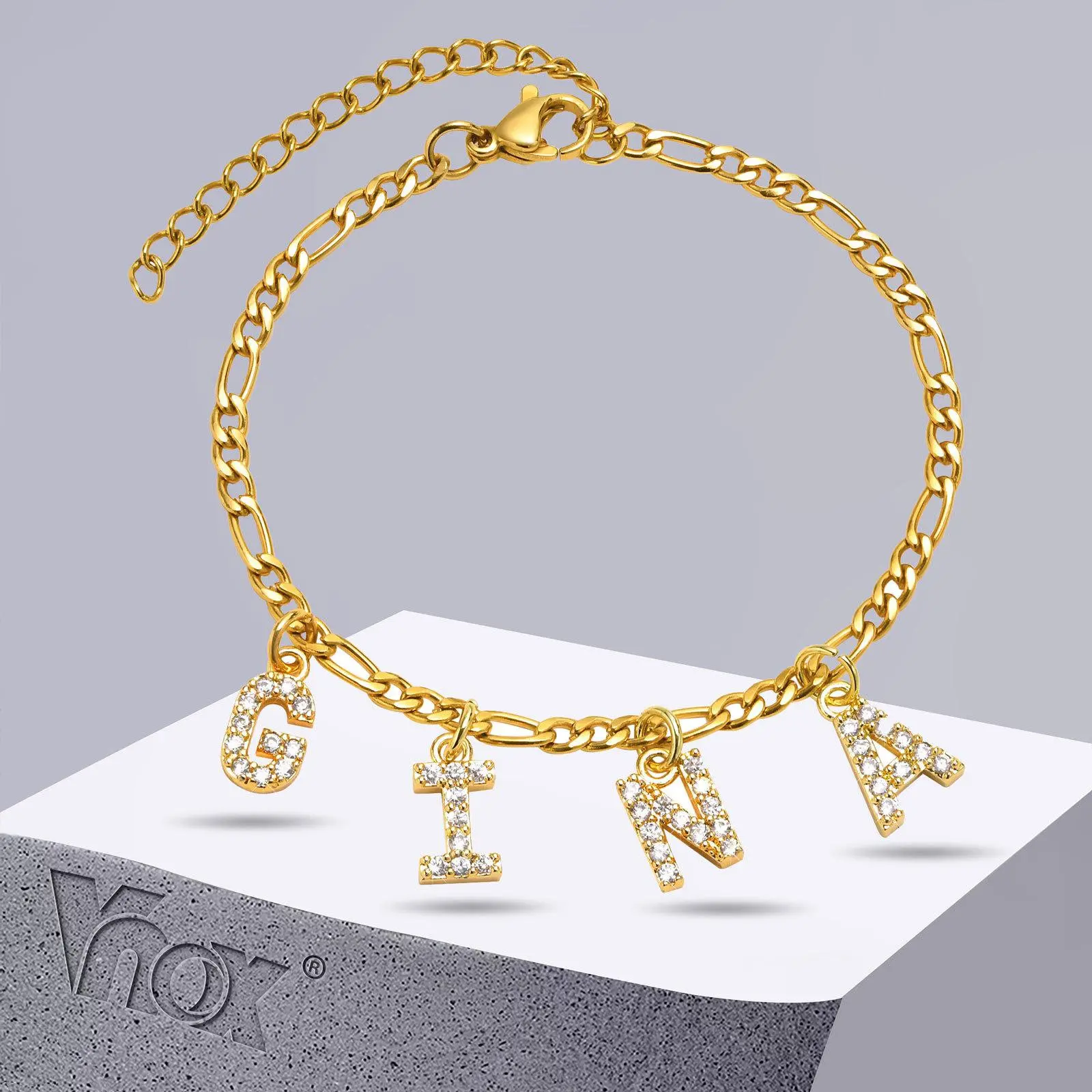 Vnox Custom Initial Name Bracelets for Women, Gold Color Stainless Steel Figaro Chain with Bling A-Z Letter Charms, Gift for Her
