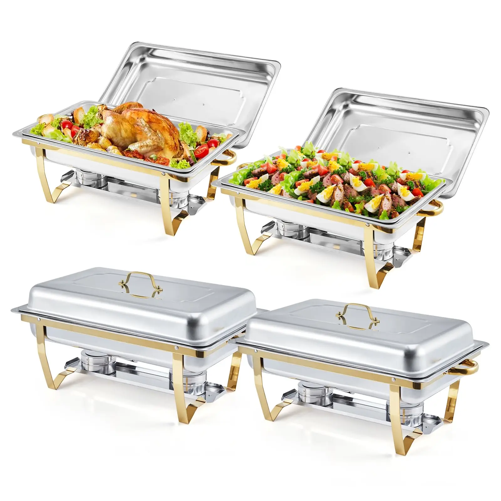 4 Pack Chafing Dishes for Buffet, 8 Qt Stainless Steel Chafers and Warmers Sets with Lid, Rectangle Serving Food Warmer Catering Supplies Buffet Display for Party, Gold