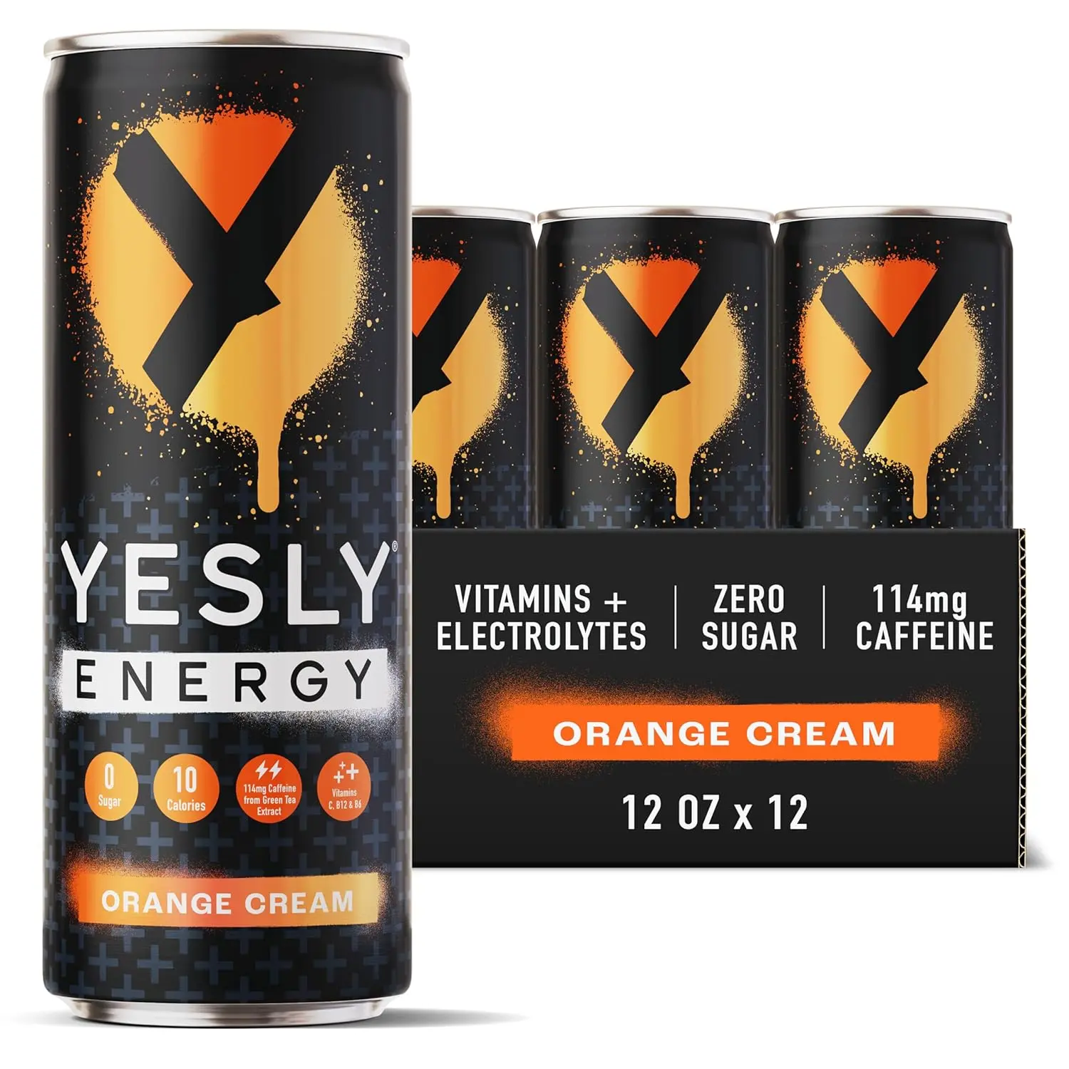 Yesly Energy Drink - Orange Cream - Naturally Flavored Sparkling Energy Drink With Electrolytes, Magnesium, Potassium, Vitamin C, B6 & B12, Natural Caffeine From Green Tea - 12 Fl Oz Cans - 12 Pack