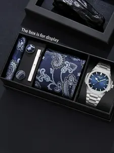 6pcs Men's Business Watch Accessory Set, Includes Tie, Handkerchief, Cufflinks, Tie Clip, Perfect for Daily Use, Ideal Gift for Special Occasions