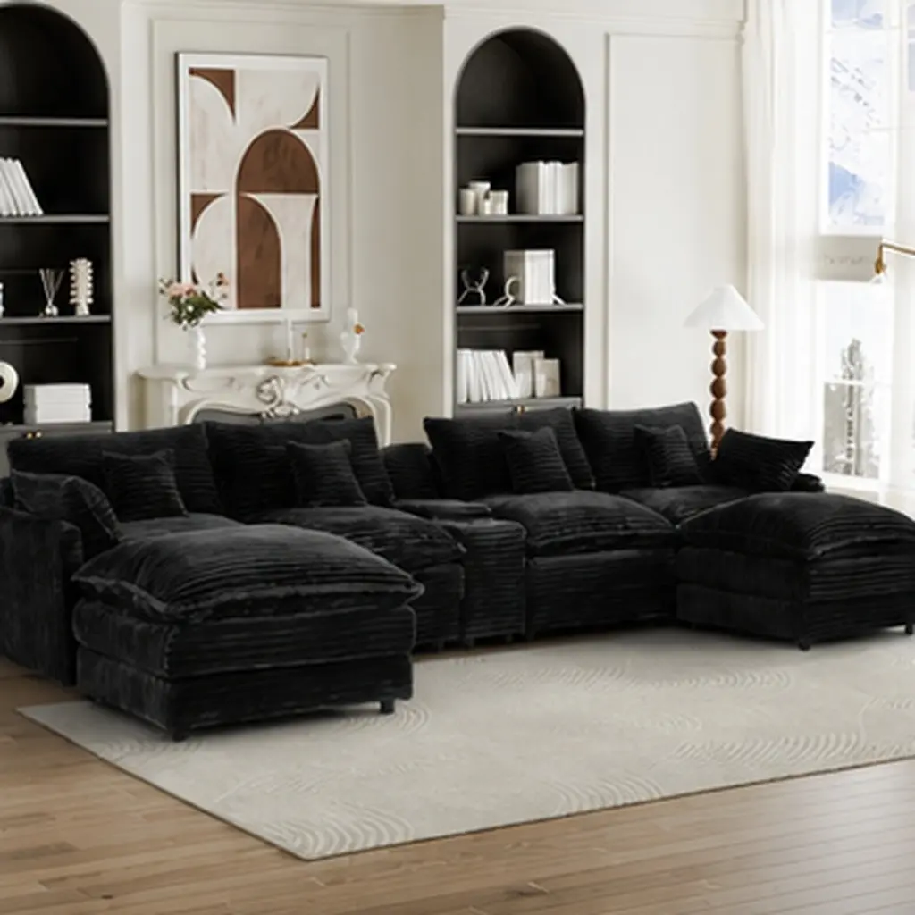141-Inch 7-Piece Sofa Set with Center Console Coffee Table and 6 Pillows, Large Sectional Couch Set for Spacious Living Room, Meeting Room, Family Room, Office Waiting Area, Multiple Seating Configuration, Living Room Furniture for Apartment