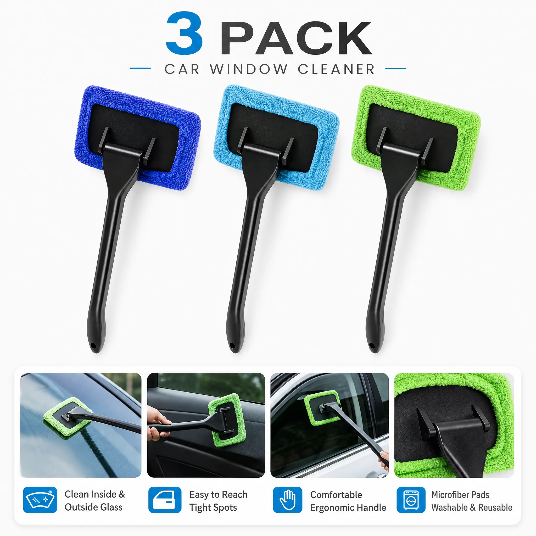 3-Piece Microfiber Car Window Cleaning Brushes, Lightweight Handheld Windshield Wiper Tool for Vehicle Glass Surfaces, Removes Condensation & Smudges for Clear Driving Vision