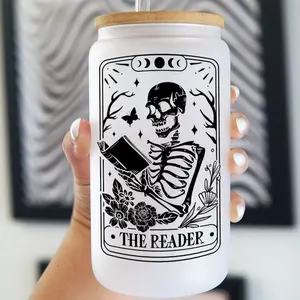 The Reader Tarot Card Glass Tumbler with Lid and Plastic and Glass Straws