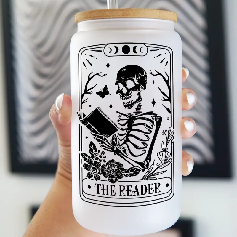 Reader Tarot Card 17oz Glass Mug with Handle, Bamboo Lid & Straw