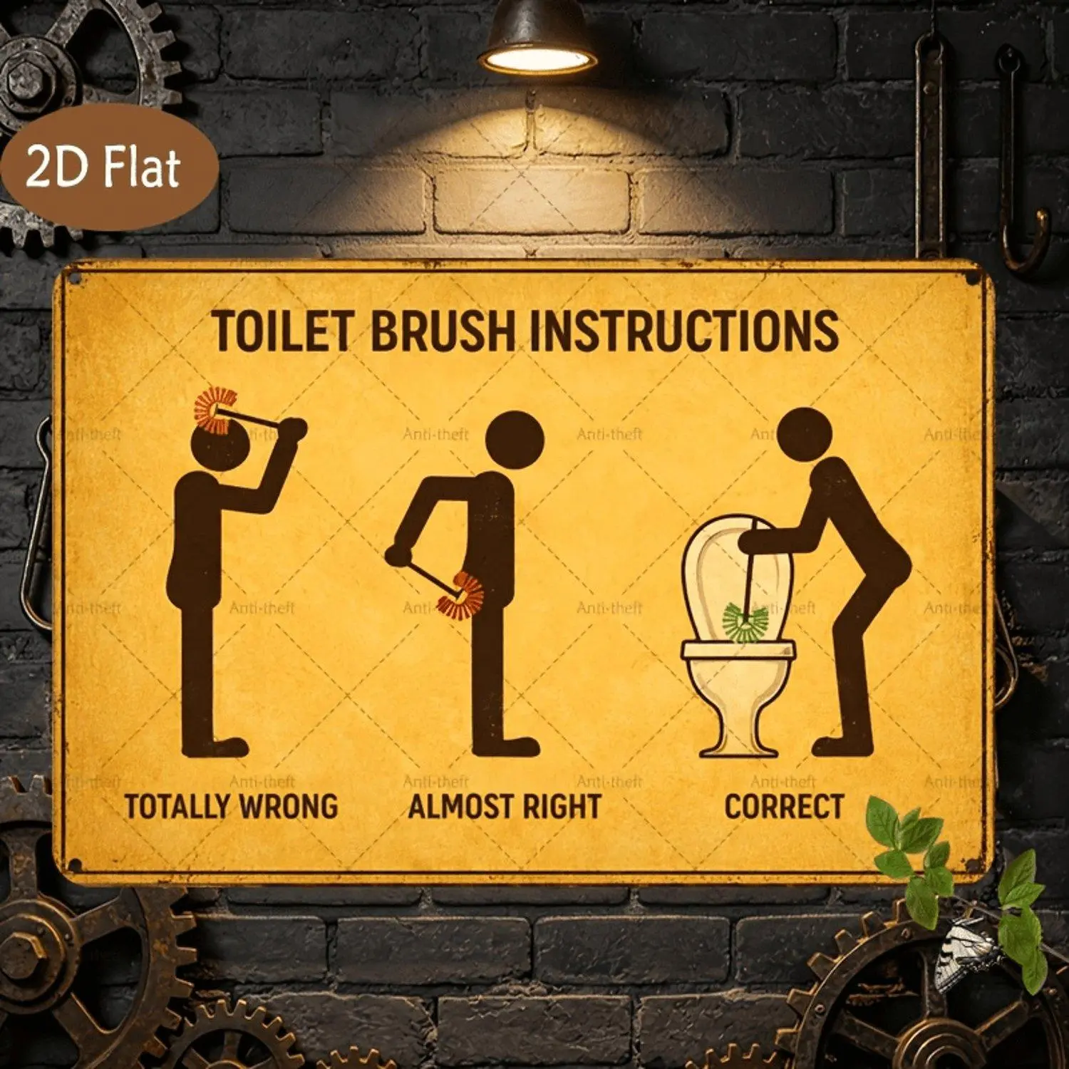 Horizontal iron sheet painting 1pc 7.87x11.81inch Metal Art Featuring a Humorous Toilet Brush Instruction Theme with Vivid Matchstick for Man Illustrations Depicting Wrong Nearly Correct and Correct Operation Scenarios Decorative Vintage Style Wall Decor