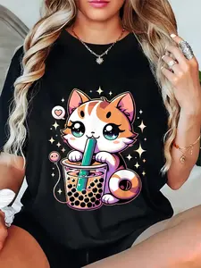 100% Cotton Cat Boba Japanese Kawaii Anime Kitty Bubble Tea Neko T-Shirt