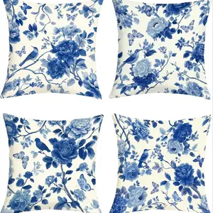 4 Piece Set Blue and Porcelain Floral Pillow Covers, Vintage Chinese Bird and Flower Cushion Cases, Home Sofa Pillows, 16x16/18x18/20x20 Inches