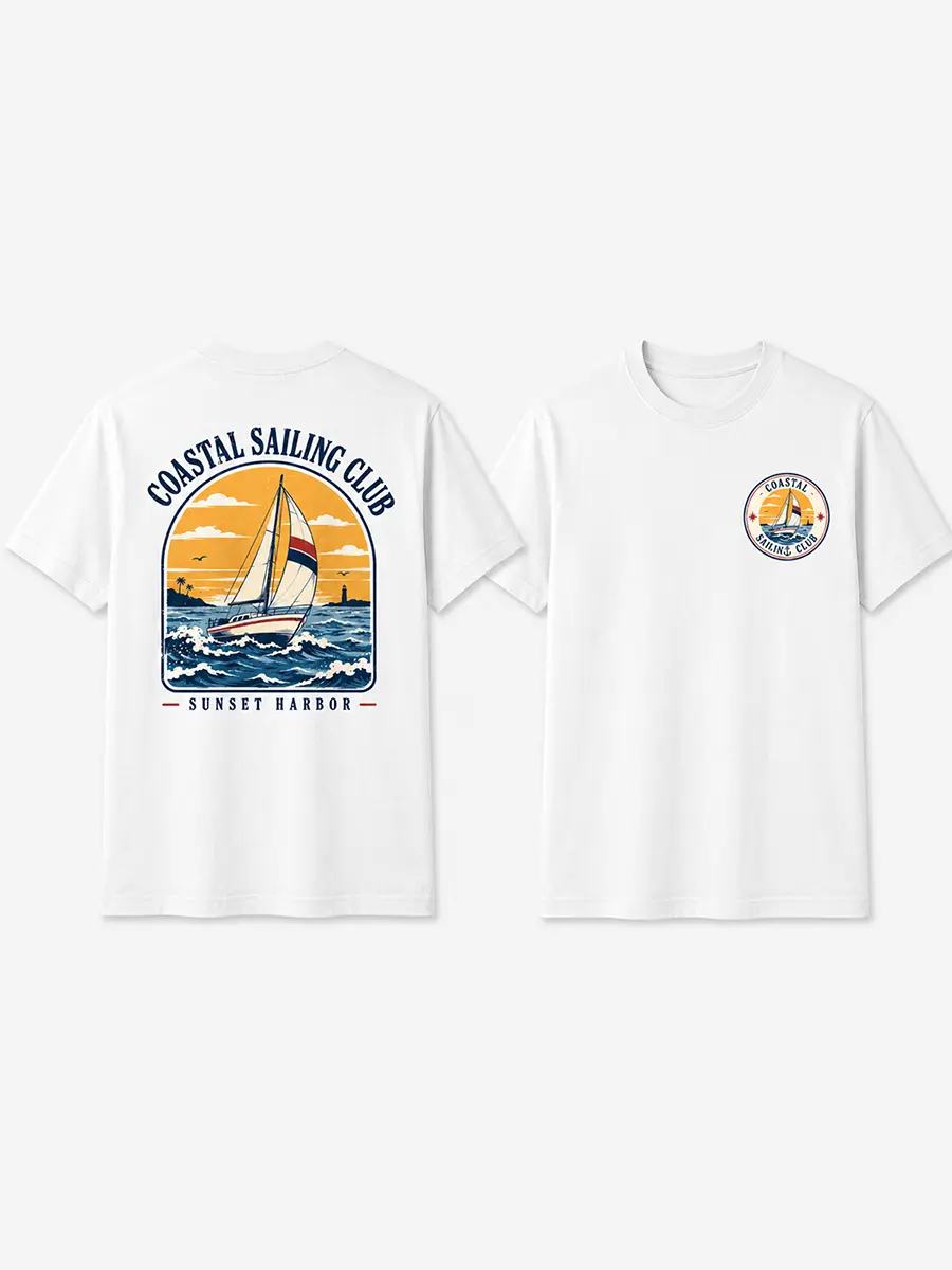 Coastal Sailing Club Graphic T-Shirt, Retro Sailboat Back Print Tee, Ocean Wave Summer Harbor Shirt, Unisex Casual Short Sleeve Top