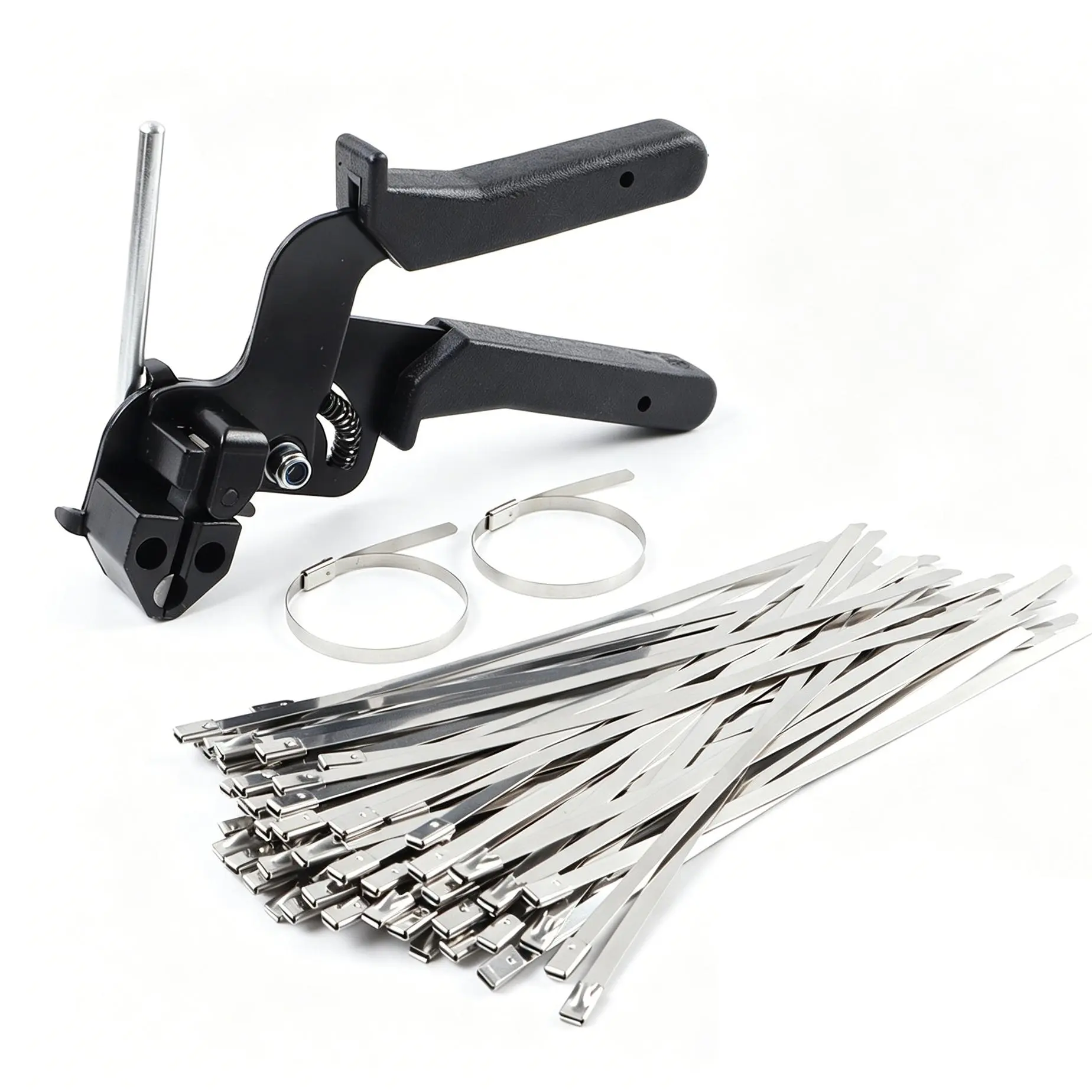 Heavy-Duty Stainless Steel Cable Tie Gun - Metal Zip Tie Tensioner and Cutter for Exhaust Wrapping, Fencing,100-Piece 11.8" UV-Resistant Metal Zip Ties