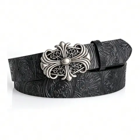 Boho Fashion Faux Leather Western Textured Cowgirl Boho Belt with Cross Buckle, Gothic Style Waist Belt for Jeans & Casual Outfits, Accessories for Men & Women, Western Cowboy Belts, Pu Leather Belts