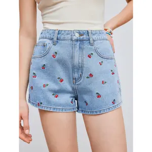 Cider [3 colors, size 0-26] Cider Denim Mid Rise Cherry Embroidery Straight Leg Micro Shorts