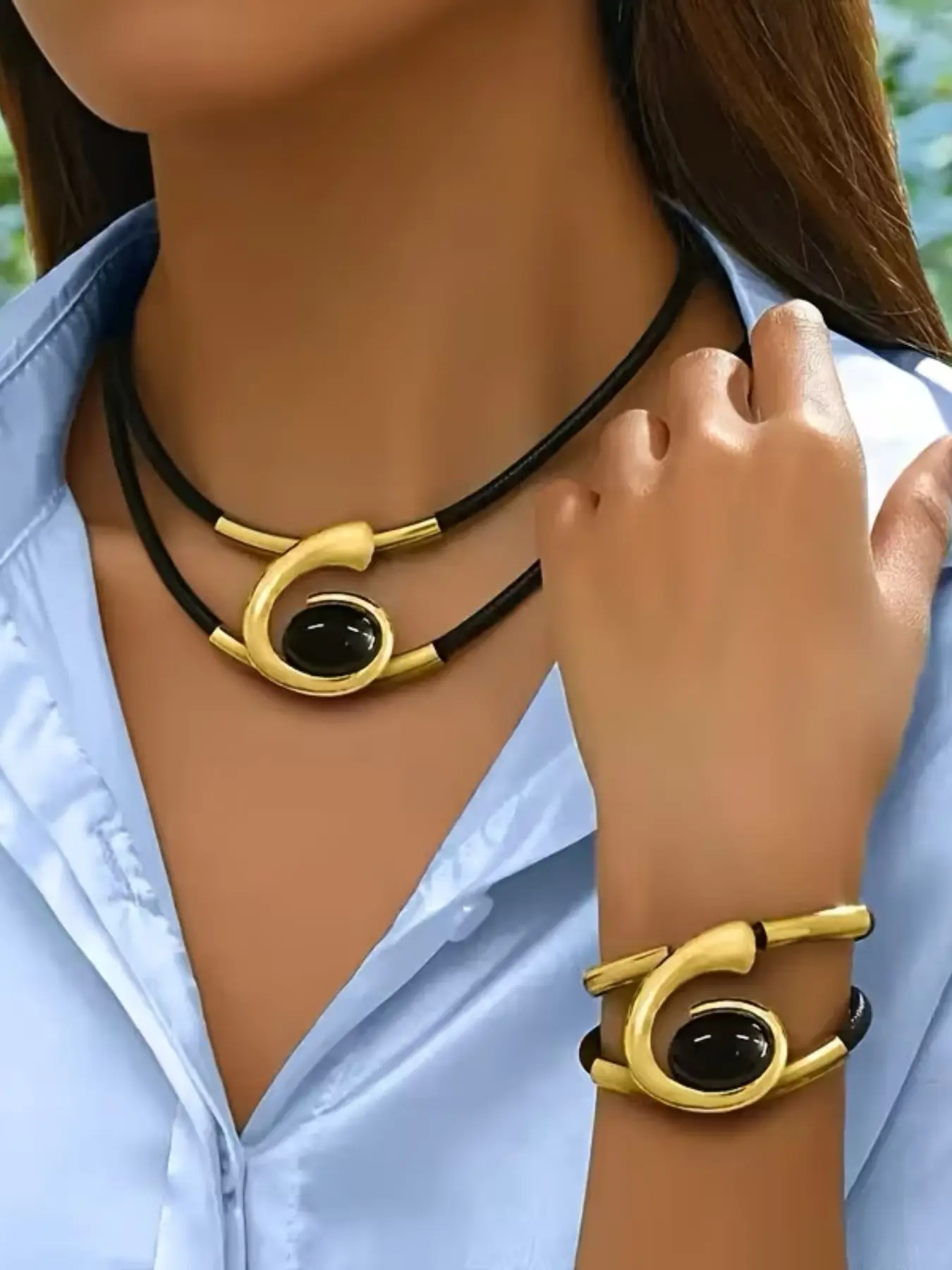 2pcs Bohemian Style Geometric Necklace Bracelet Set for Women, Alloy Chain Print Jewelry, Boho Jewelry Set, All Seasons Fashion Accessories Set