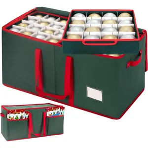 ININ Christmas Ornament Storage Box with Adjustable Dividers,Christmas Ornaments Organizer with Zippered Top,Storage Container Bin with Side Pockets for Holiday Decorations(128 Ball, Green, with Tray)