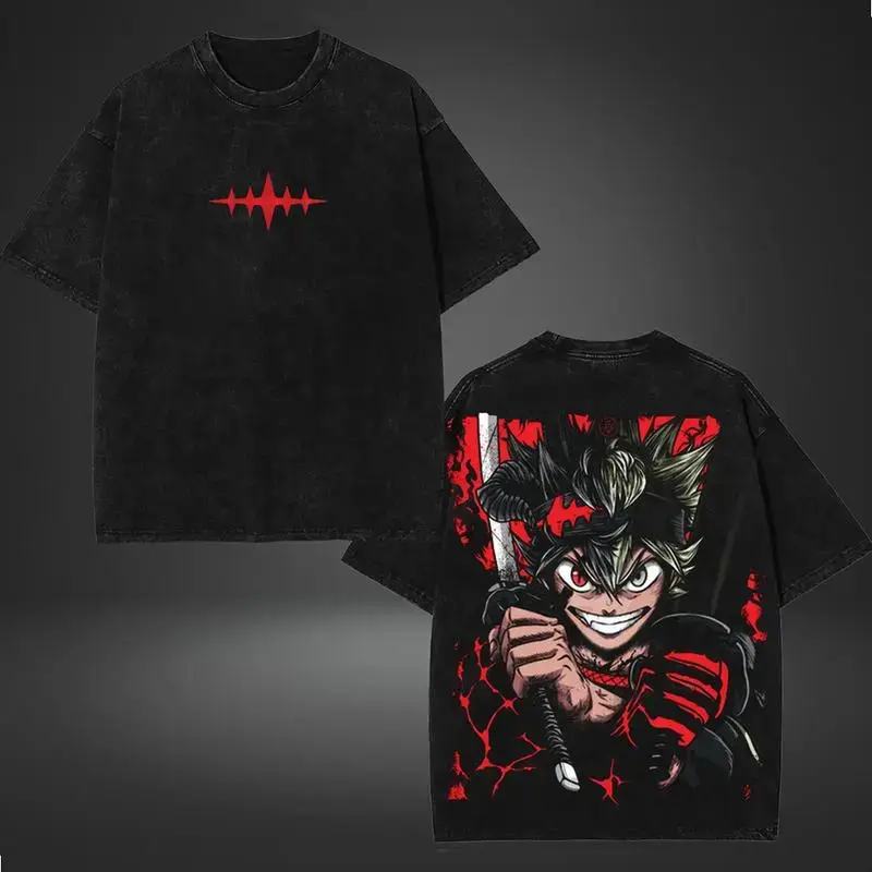 Men's Round Neck Shortsleeve Black Clover T-Shirt - Asta Weapon, Anti-Devil Human Devil Form, Black Bulls V16 Double-Printed Vintage Washed Everyday Casual Streetwear Manga Fantasy Merch Top