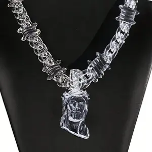Jesus Portrait Pendant Necklace with Clear Multicolor Acrylic Bramble Chain for Men