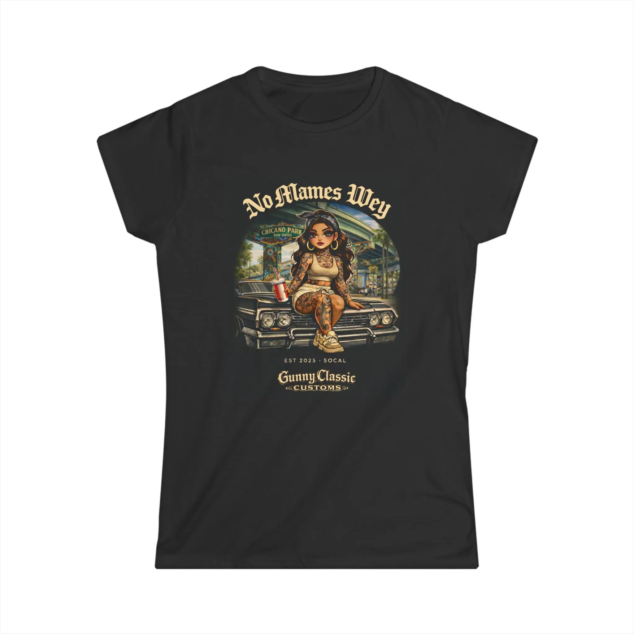 Women's Fitted Casual Cotton Light Fabric Short-Sleeve Streetwear Tee - Vintage Chola Girl Lowrider Car Printed Shirt