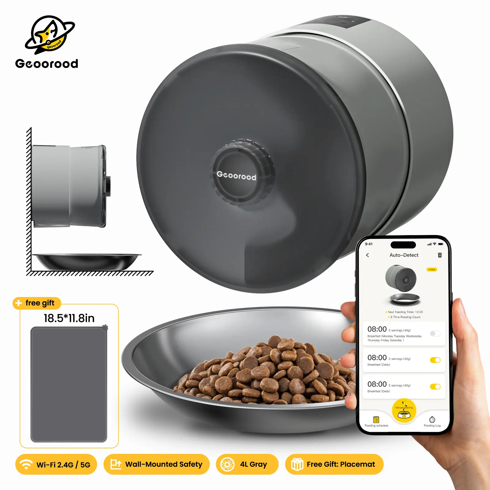 【Geoorood】Wall-Mounted Pet Auto Feeder - 10mm Clog-Free, 2.4G/5G WiFi, Multi-Power, Regular feeding，Spotless Floors#DealsforYouDays #SummerWins