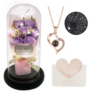 Gift for Her Forever Flower Bouquet for Delivery Prime Preserved Purple Roses Glass Dome LED Light 100 Languages I LOVE YOU Necklace Mothers Day Birthday Romantic Valentines Gift for Wife Women Mom