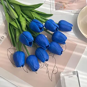 10 Blue Tulip Bouquets for Spring, Bright Blue Flowers and Leaves, Wedding Decoration, Home Decor, Valentine's Day, Bridal Bouquets