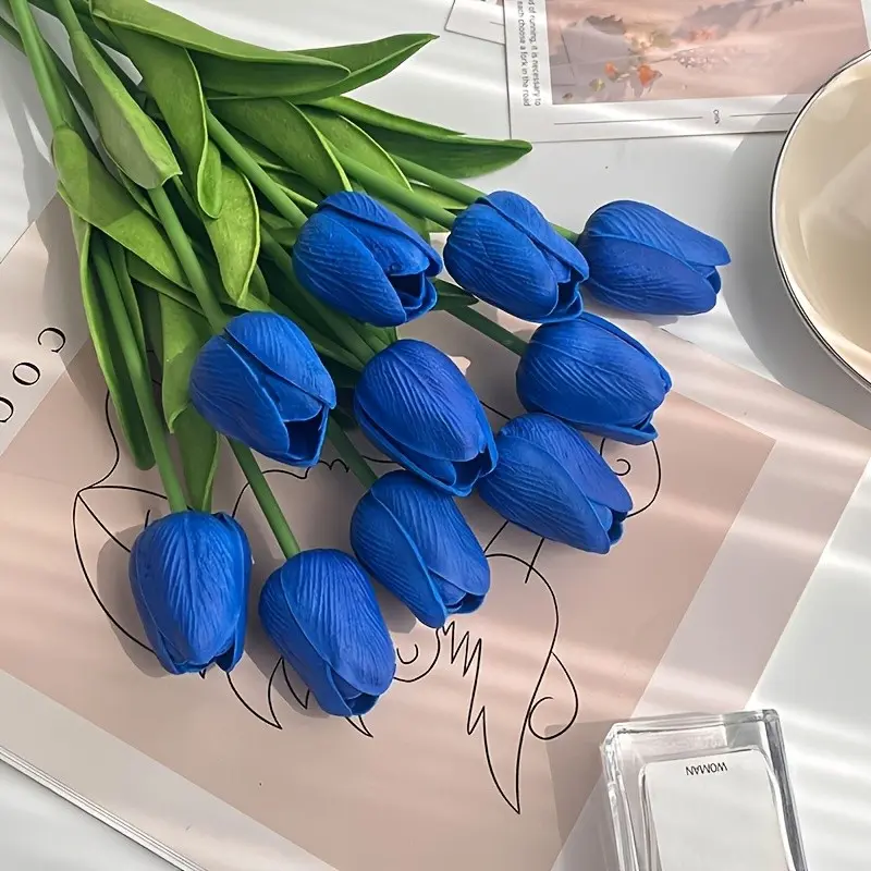 10 Blue Tulip Bouquets for Spring, Bright Blue Flowers and Leaves, Artificial Flower Bouquet, Decorative Bouquet, Fake Bouquet, Faux Floral Arrangements, Wedding Decoration, Home Decor, Valentine's Day, Bridal Bouquets