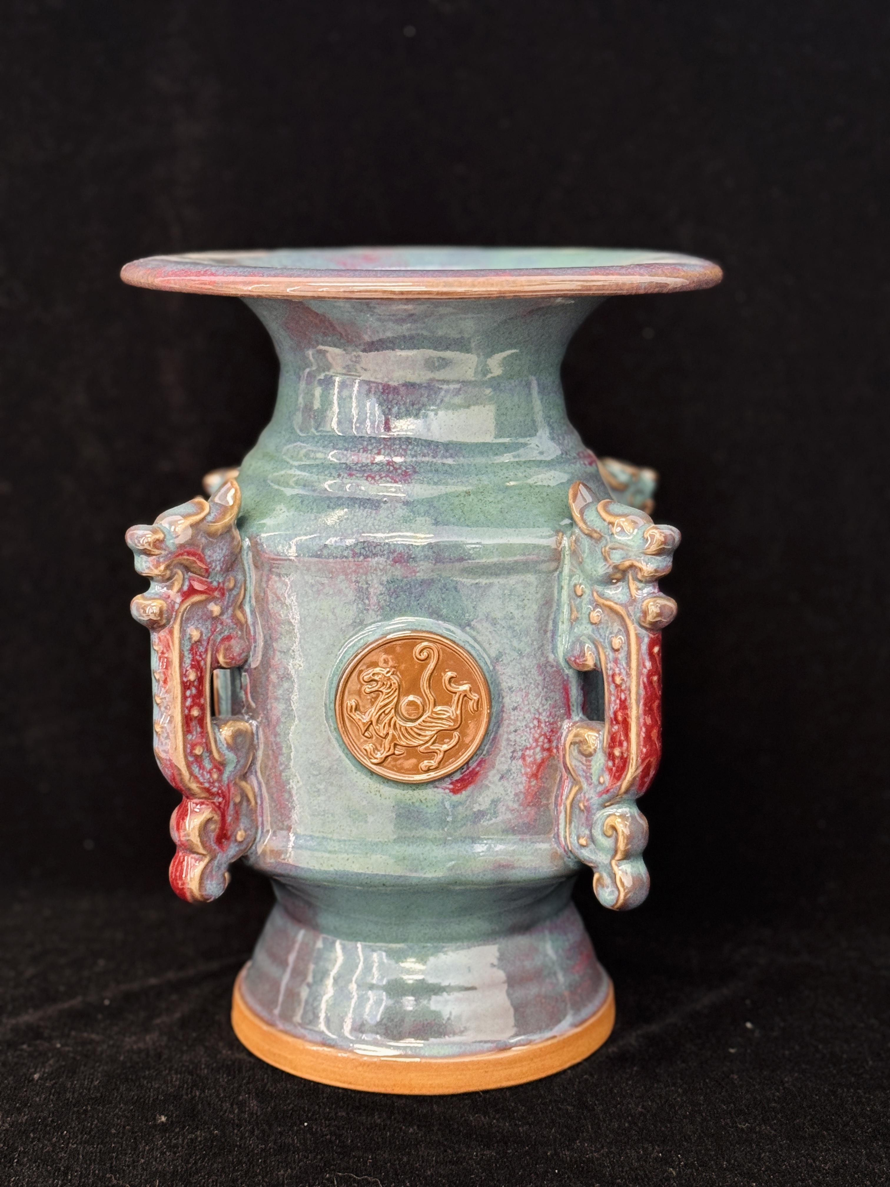 Handmade Chinese Jun Porcelain Vase with Mythical Beast Relief, Vintage Kiln-Fired Glaze Ceramic Vase, Unique Asian Art Home Decor