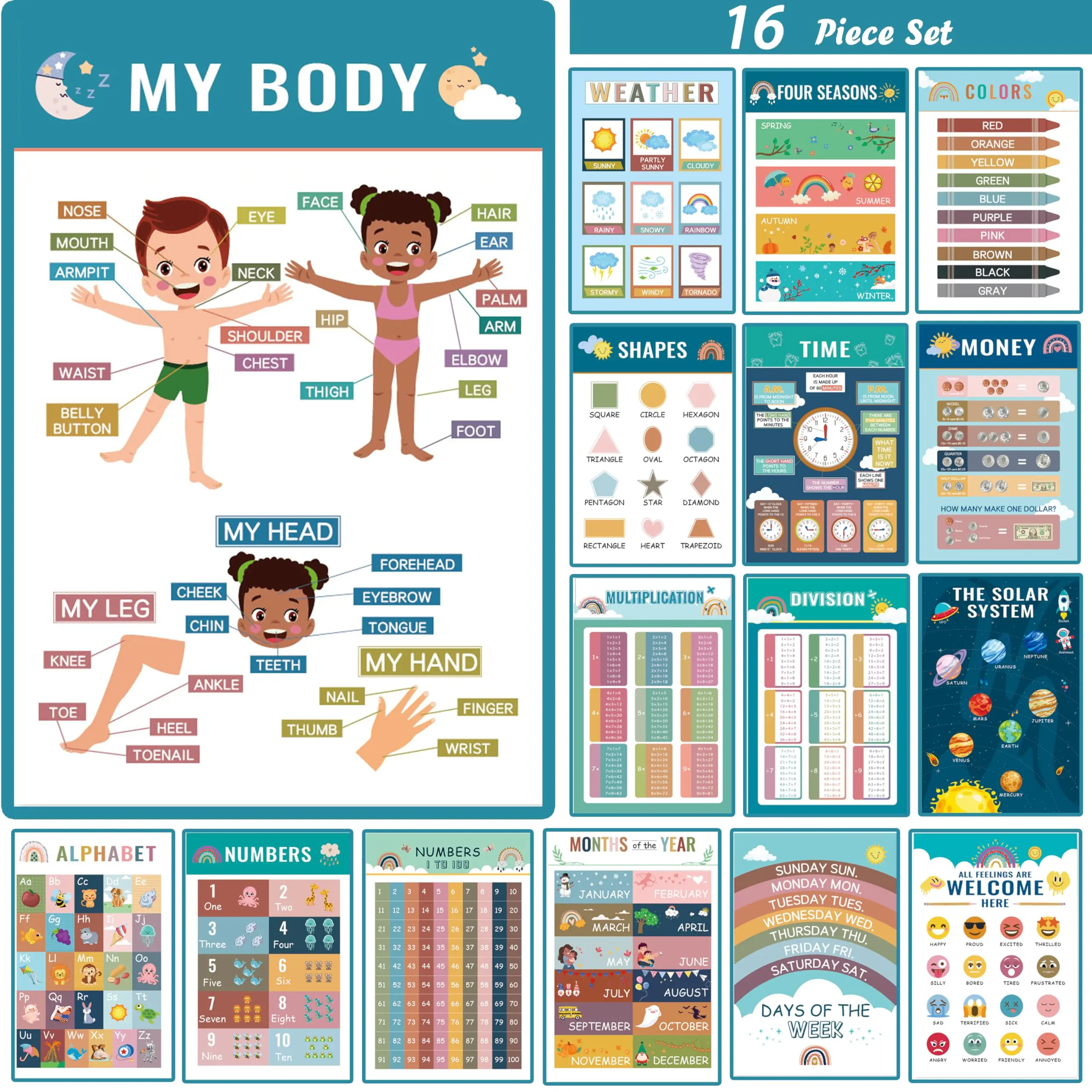 Boho-Themed Educational Adhesive Sticker Poster Set Pack - 16 Pieces with Alphabet, Numbers, Weather, 4 Seasons, Colors - Toddler Early Learning School Supplies for Classrooms - summerwins, Boho Theme