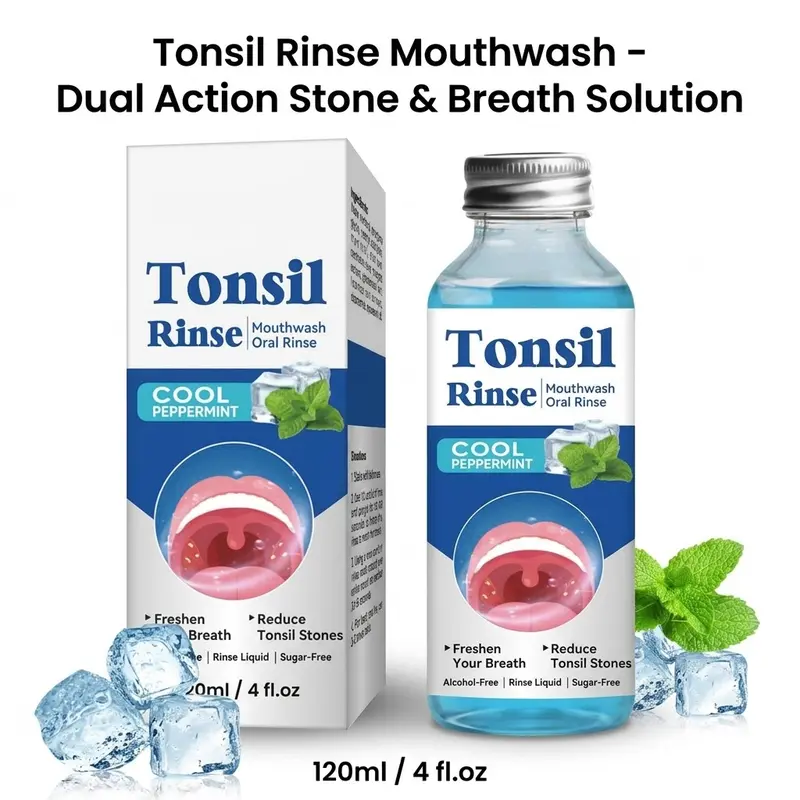 Tonsil Stones Removal Mouthwash, Peppermint Oil Liquid - Sensitive Sore Mouths Gentle Care, Evening Soothing, Alcohol-Free, Mouth Freshening, 120ml Single Item for Smile Confidence