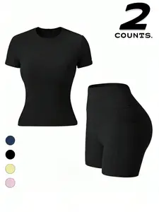 Quick-Dry Round Neck Yoga Set, Slim-Fit High Stretch Yoga, Two-Piece Running Sports Fitness Wear, Above the Knee Length