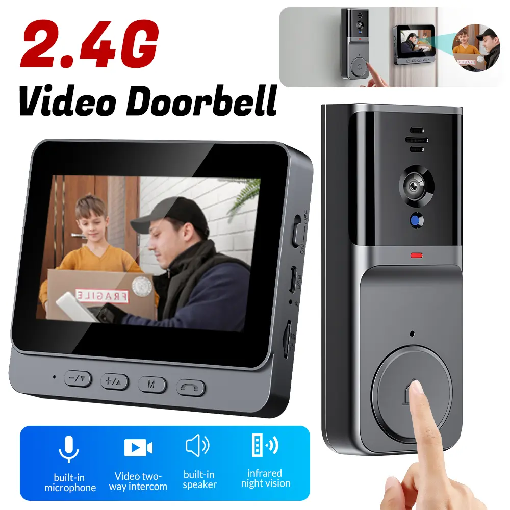 [DealsForYouDays] Wireless Video Doorbell Single Unit, 4.3" IPS Indoor Screen, 2.4G Private Long-Range No-WiFi Connection, 2-Way Talk, IR Night Vision, Photo & Video Storage, Easy Pairing, Secure Viewing, Outdoor Modern Rectangular Design