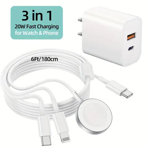 JAYUANONE Upgraded 3-in-1 Magnetic USB-C Fast Charging Cable with MFi Certification, 20W Dual-Port Type-C Charger, Electronic Charger Connector, Lightning Compatibility for Smartphones, Smartwatches & Devices