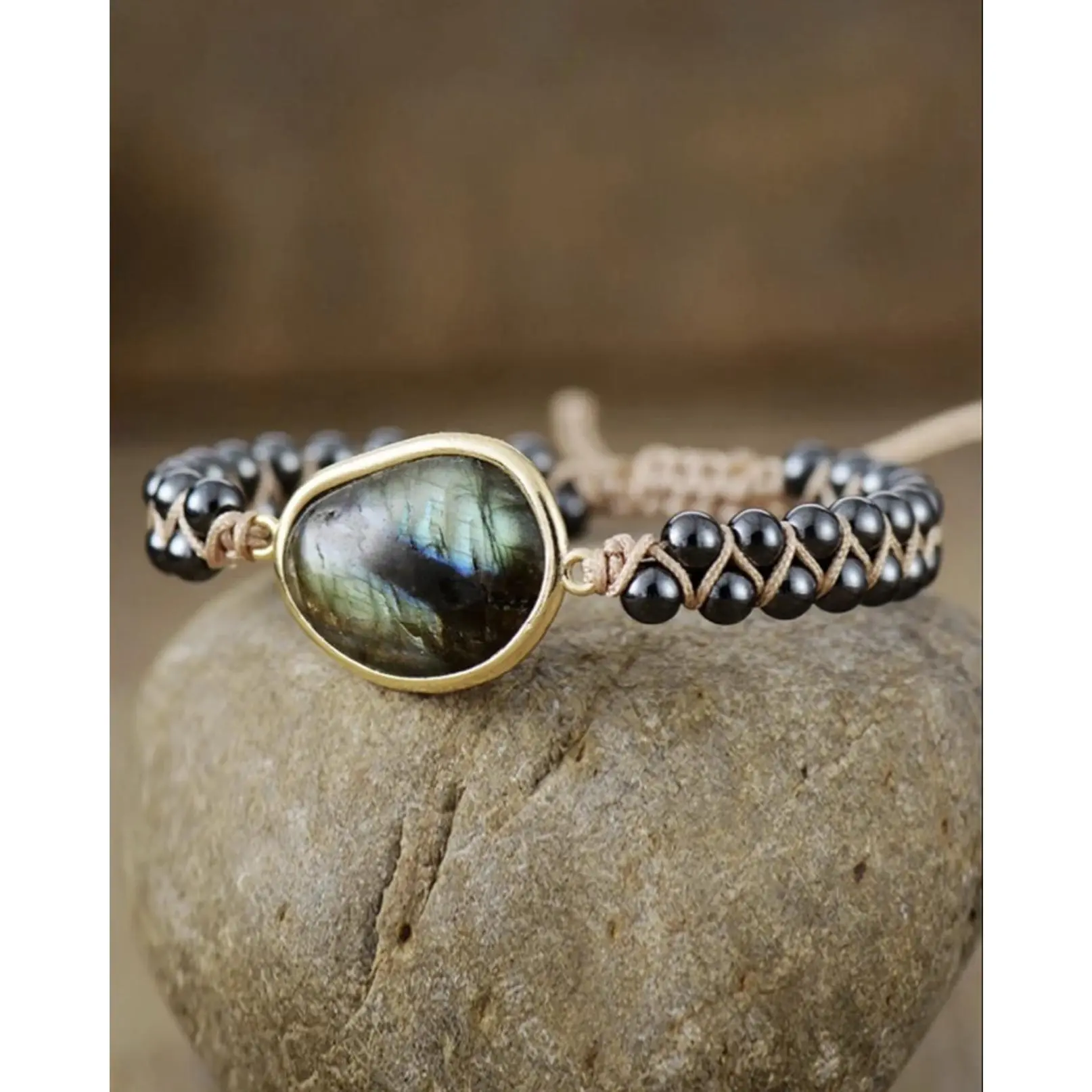 Natural Stone Beaded Bracelet Modern Style 6.3-10 in Chain Length Black One Size Imported Jewelry