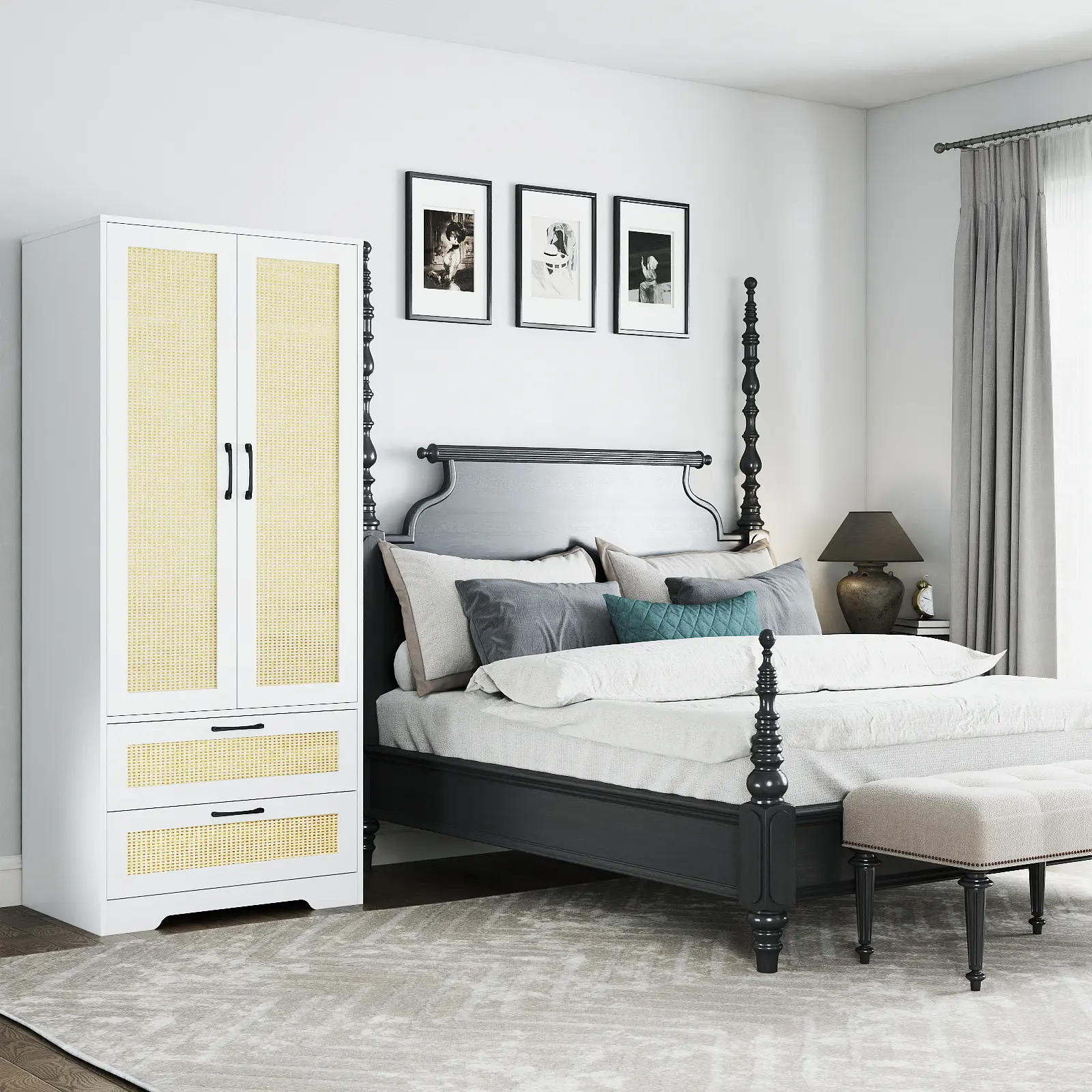 Stable Durable Rattan Bedroom Wardrobe Armoire - Compact Clothing Storage Cabinet with 2 Drawers, Hanging Rod, Doors, Modern Wooden Indoor Furniture, Assembly Required, Regular Door