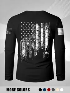 Men's Spring Fall Long Sleeve Round Neck T-Shirt, Comfortable American Flag Print, Classic Fit, Fashion Versatile Casual Wear