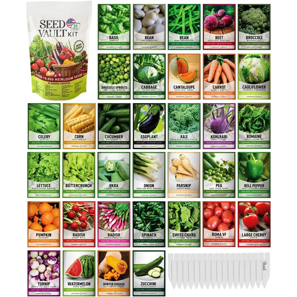 Gardeners Seed Vault Kit - 35 Varieties of Vegetable and Herb Seeds for Your Garden | Non-GMO Heirloom Seeds for Planting, Prepping, Survival, Indoor Outdoor Gardening, Containers, Raised Beds