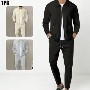 Men’s waffle-texture collared casual set, mature yet casual business style; breathable, skin-friendly waffle fabric that is soft and comfortable without feeling stuffy. Turn-down collar with zipper front—simple and elegant design. Side zippered pockets fo