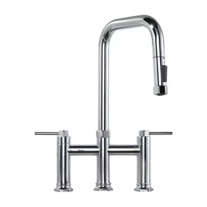 WOWOW Brass 2-Handle High-Arc Bridge Kitchen Faucet with 2-Mode Pull Down Sprayer in Polished Chrome