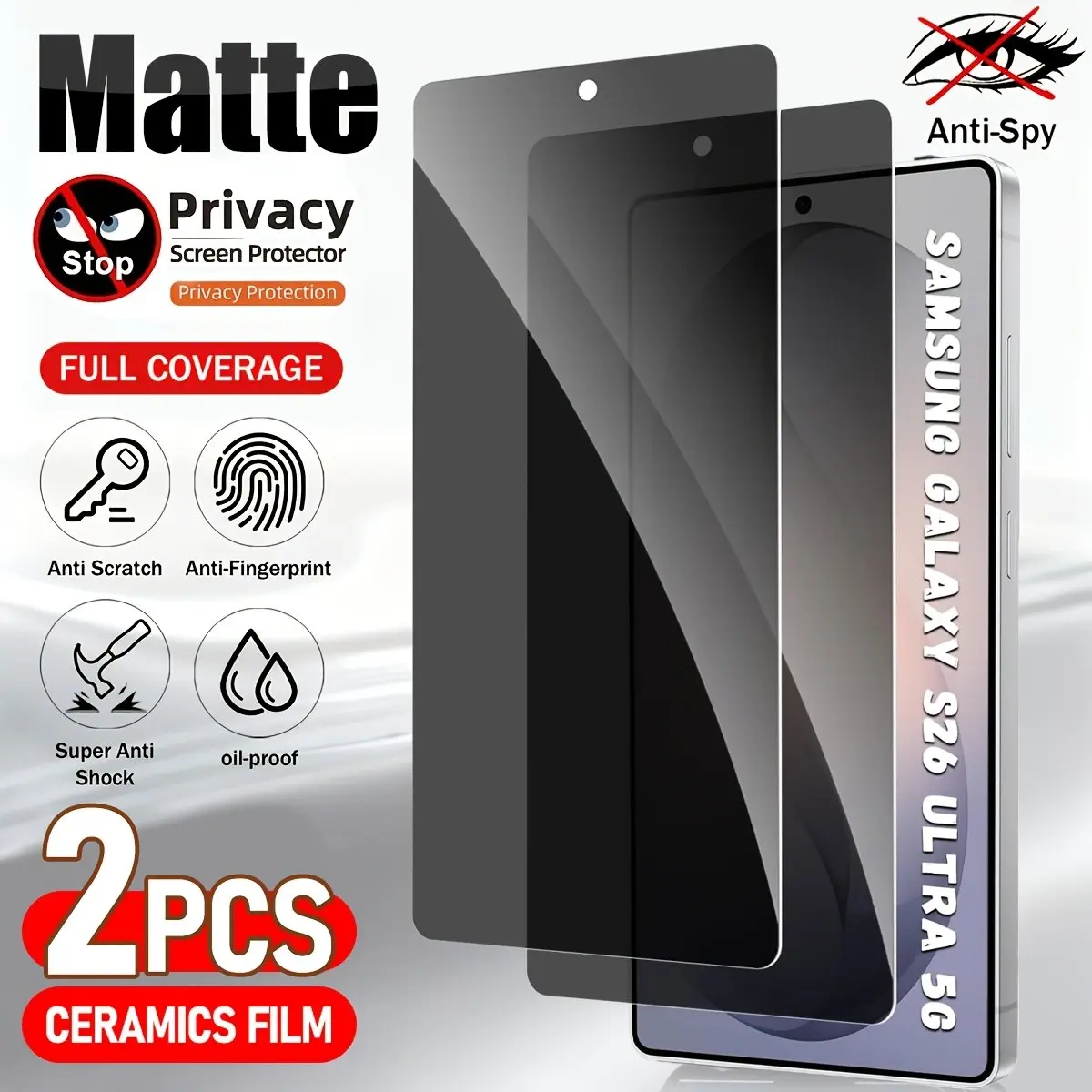 2-Pack Full Cover Matte Privacy Screen Protector, Compatible with Samsung Galaxy S20-S26 Ultra, S25 FE, Note 20 Ultra, Anti-Spy Shockproof Soft Film, Accessories