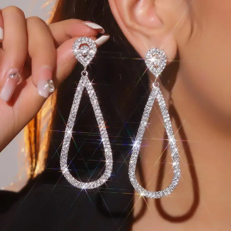 Super shiny full-diamond teardrop-shaped hollow earrings, DDES0204 exaggerated and elegant, light luxury with a high-end feel, stylish earrings 4KGold-Plated