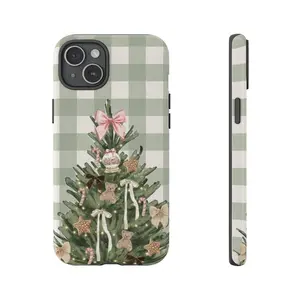 Gingham Christmas Phone Case – Bow Tree & Gingerbread Phone Cover – For iPhone 17 16 15 14 13 12 11 X & Samsung S25 S24 S23 S22 S21 Ultra