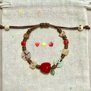 Adjustable Handmade Ceramic Apple Bracelet with Star Charms Vintage Elegant Resin Button Jewelry for Ladies Chic Summer Accessories