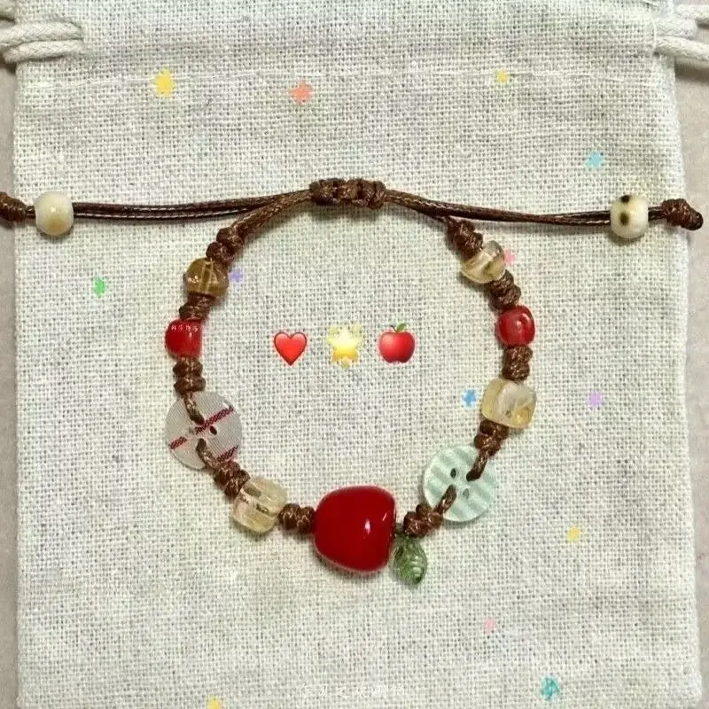 RUNA Adjustable Handmade Ceramic Apple Bracelet - 16-20cm, Star & Whimsical Charms, Vintage Elegant Resin Button Fruit Jewelry for Ladies, Daily Chic Accessory