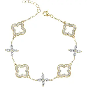 Four Leaf Clover Bracelet for Women, 18K Gold Plated Brass Charm Bracelet with Cubic Zirconia, Clover Tennis Link, Luncky Jewelry Gift for Her Birthday,Mother's Day,Holiday
