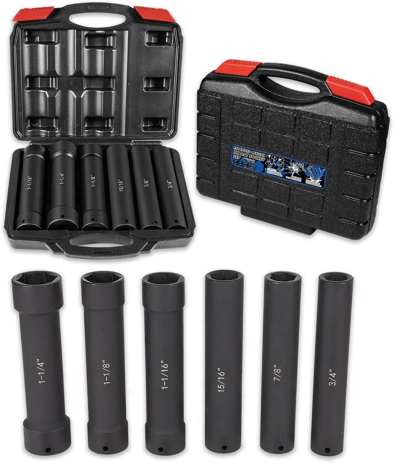 1/2 Inch Drive Extended Length Impact Socket Set 6 Sizes - Hex Sizes 3/4", 7/8", 15/16", 1-1/16, 1-1/8", 1-1/4"Extra-Deep Length Extra-Deep Impact Set Heavy Duty with Case