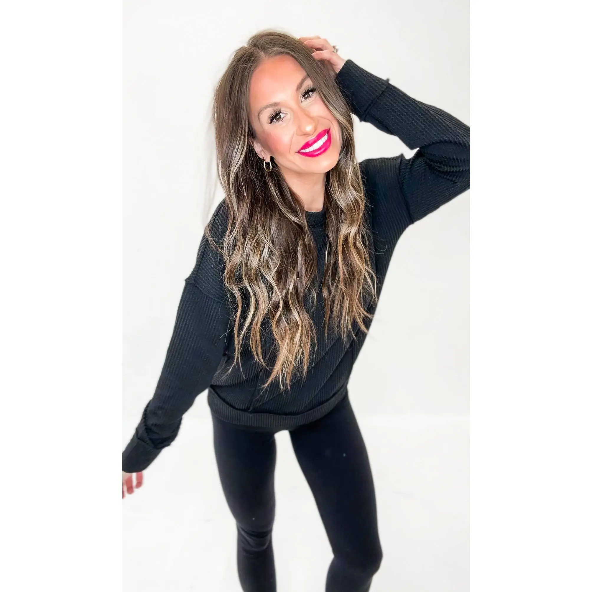 ZENANA BLACK CORDED RIB LONG SLEEVE ROUND NECK PULLOVER